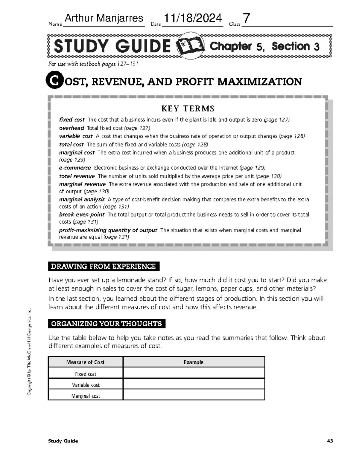 Ch. 5.3 Study Guide WS - Cost, Revenue, and Profit Maximization - Studocu