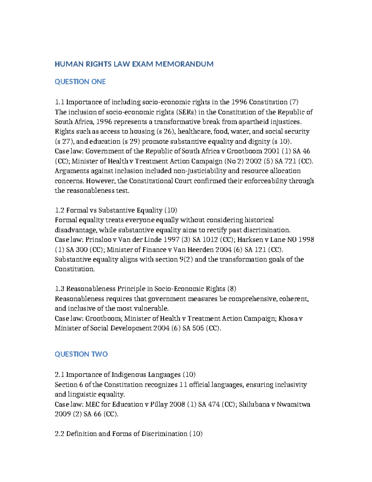 HUMAN RIGHTS LAW 2023 EXAM MEMO: KEY CONSTITUTIONAL ISSUES - Studocu