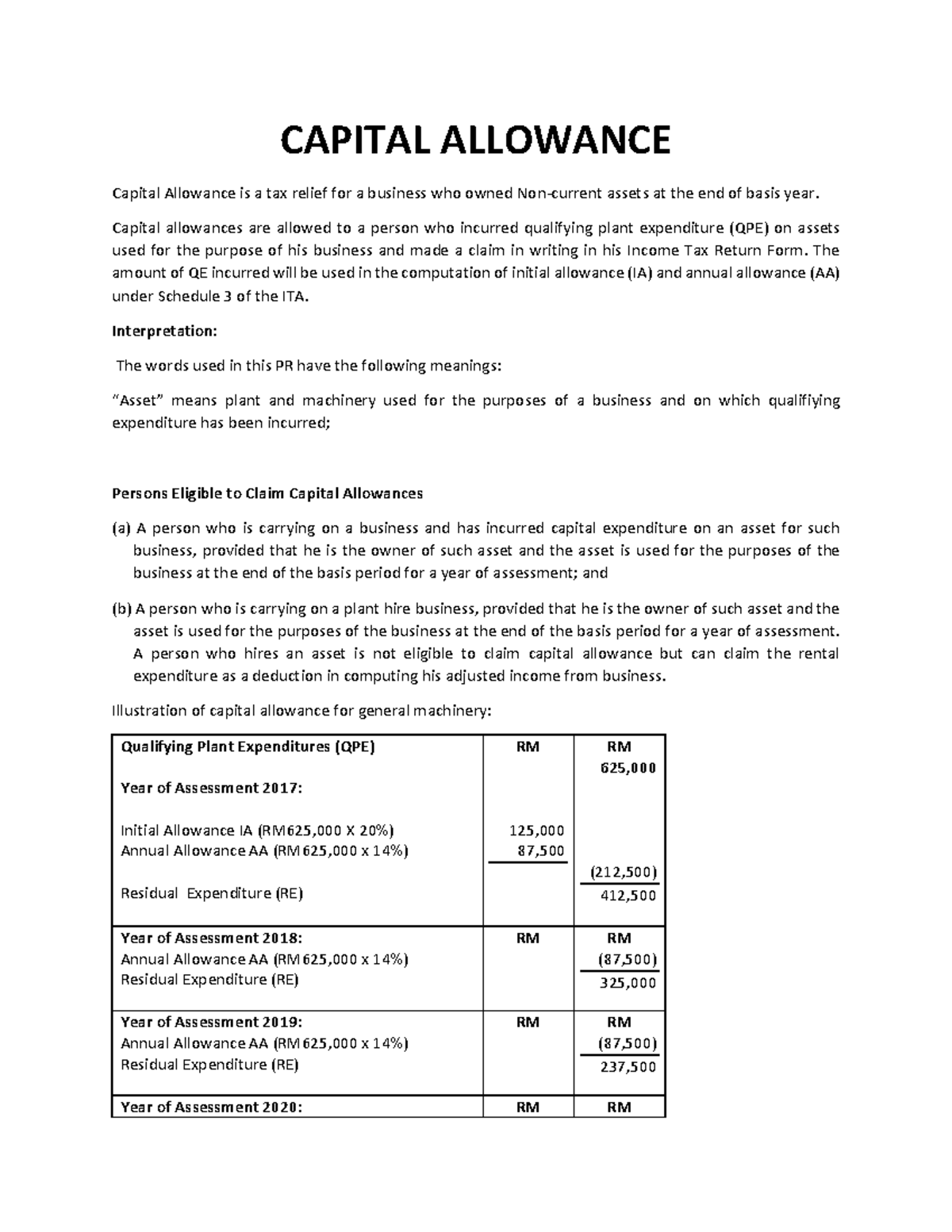 Notes - Capital Allowance (Tax Relief for Non-current Assets) - Studocu
