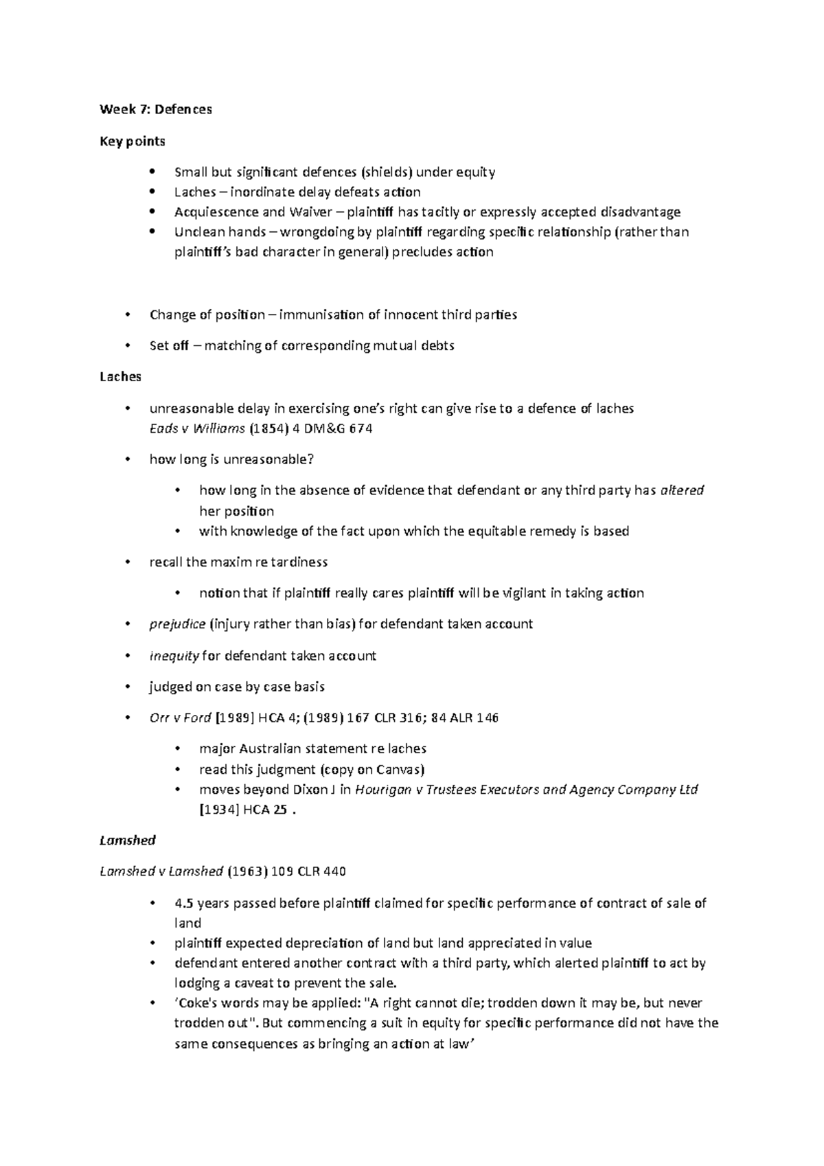 Week 7 - Lecture Notes: Key Equity Defences and Legal Principles - Studocu