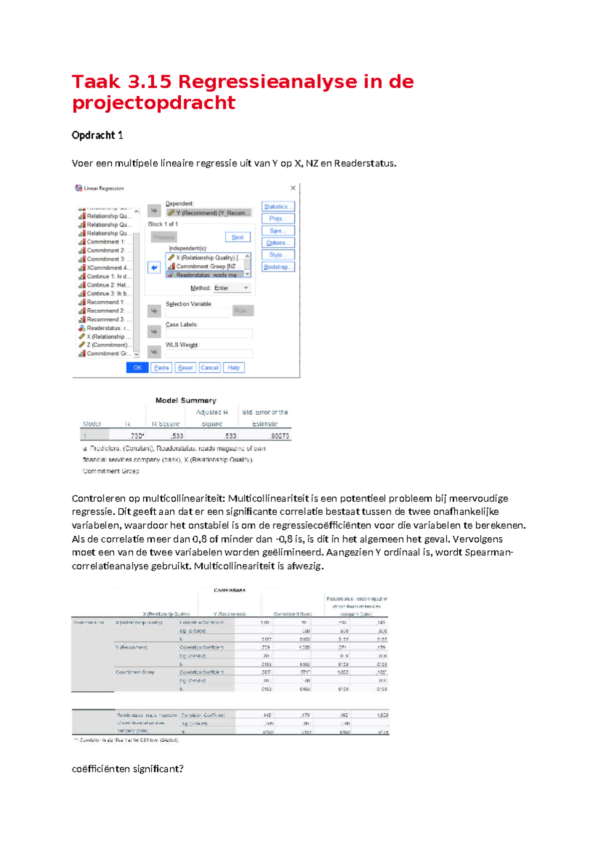 Taak 3.15: Multipele Regressieanalyse in Projectopdracht - Studeersnel