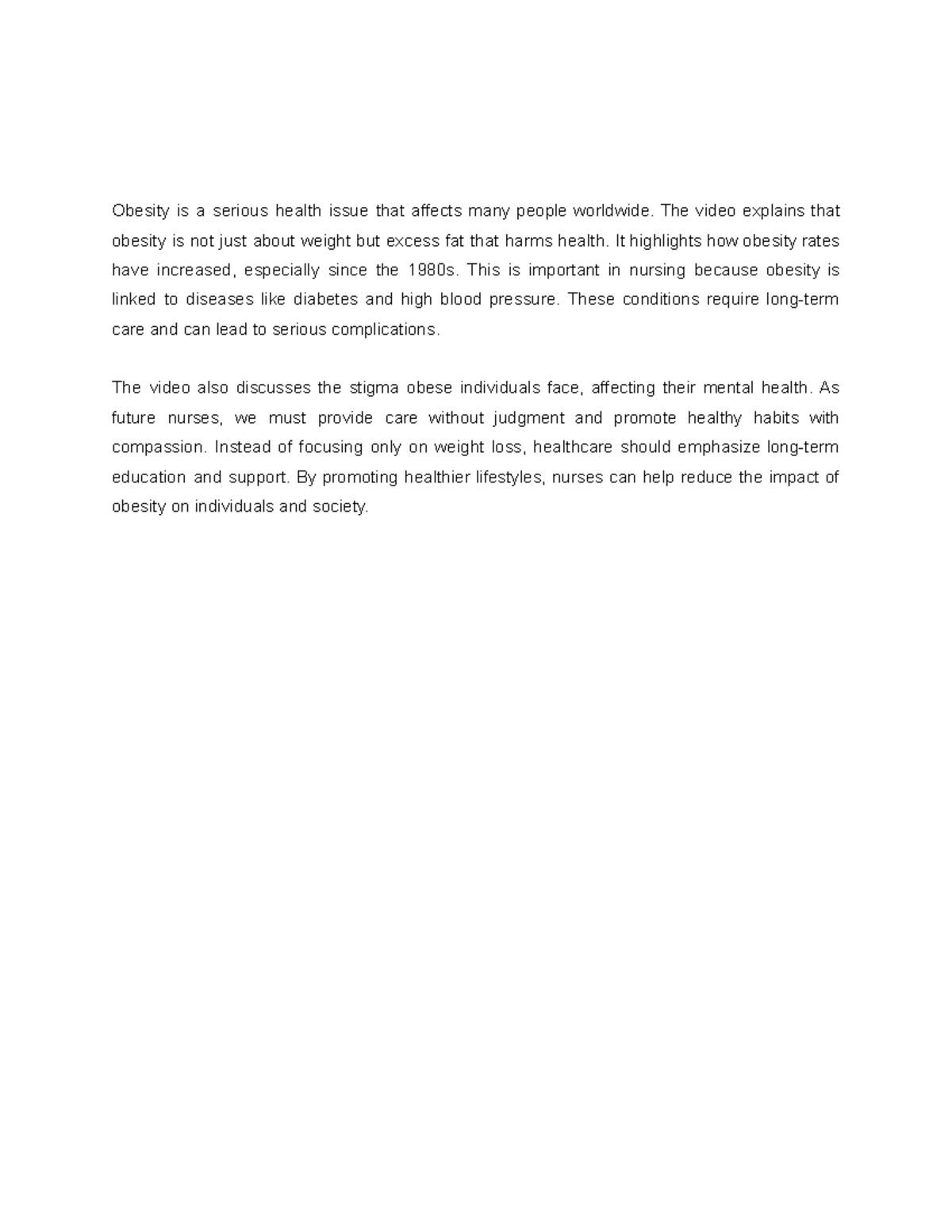 Reflection 1: Understanding Obesity and Its Health Implications - Studocu