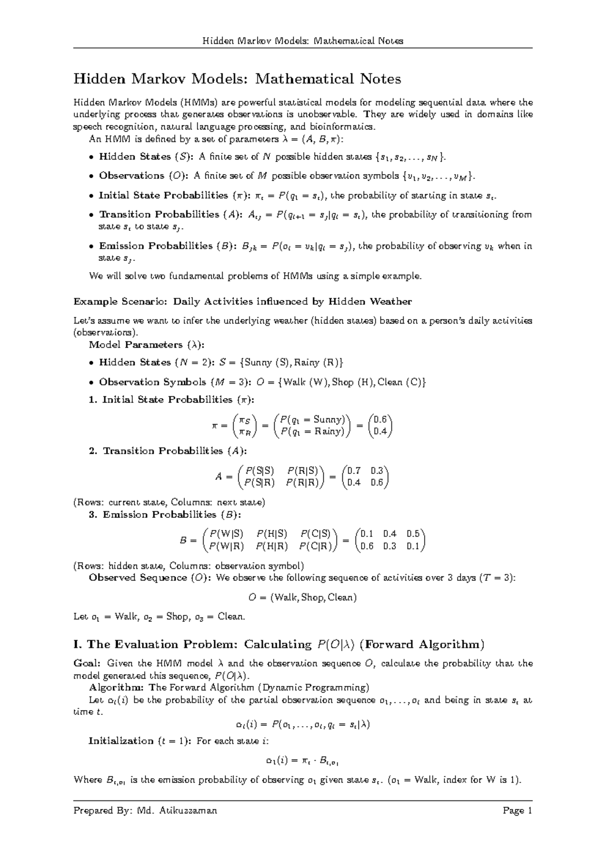 Hidden Markov Models (HMMs): Mathematical Notes and Applications - Studocu