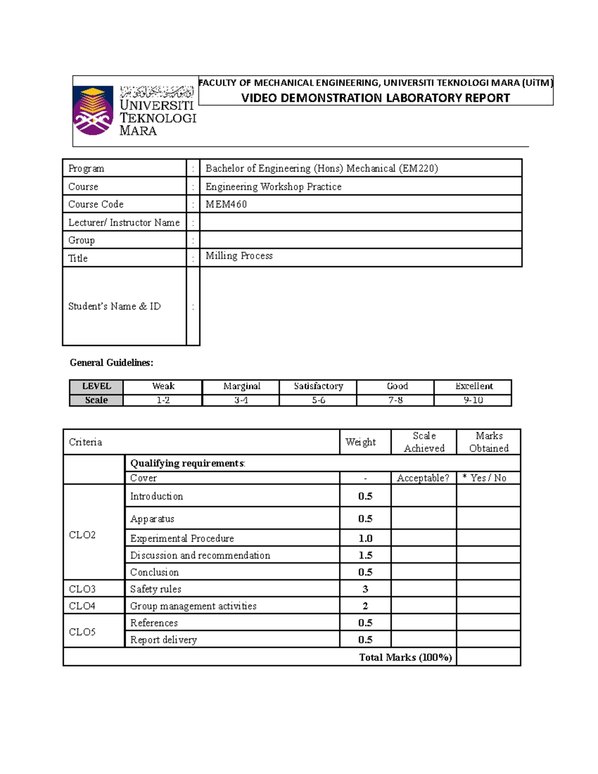 Milling Process Lab Report - MEM Engineering Workshop Practice - Studocu