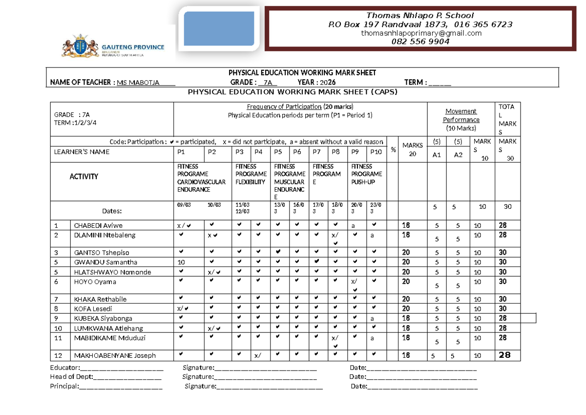 PE Working Mark Sheet - Grade 7A - Term A2 - 2026 - Studocu