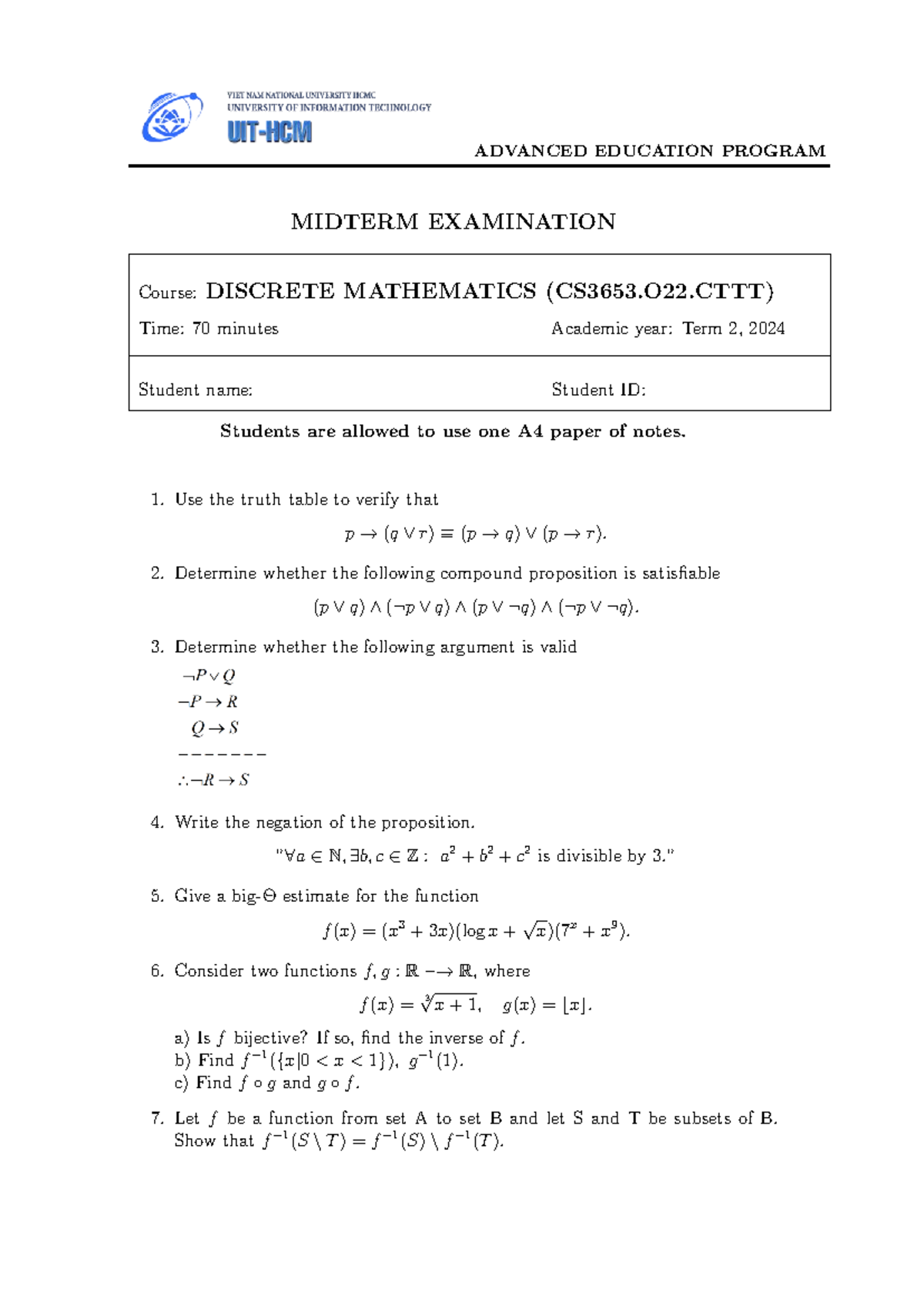 CTTT-30 Discrete Mathematics Midterm Exam Mock Test - Studocu