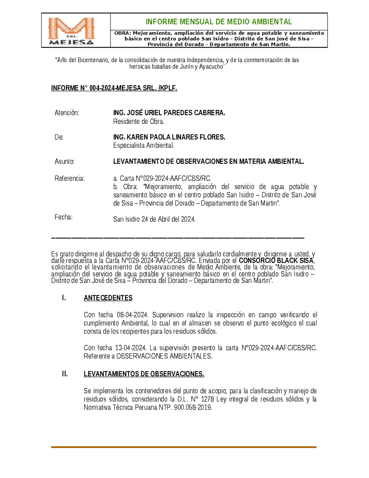 Informe N°004: Levantamientos de Observaciones Ambientales 2024 - Document Preview