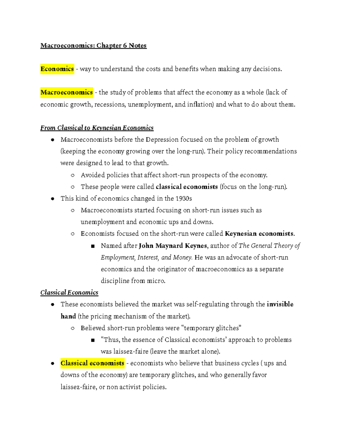 Macroeconomics Chapter 6: From Classical to Keynesian Insights - Studocu