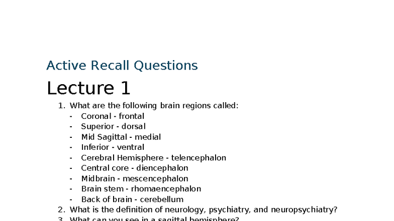 Pharma of CNS - Active recall questions L1-9 - Active Recall Questions ...