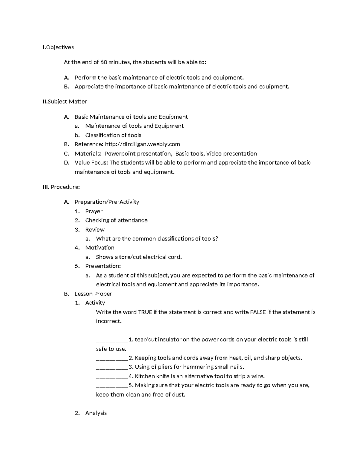EIM Classification OF Tools - I At the end of 60 minutes, the students ...