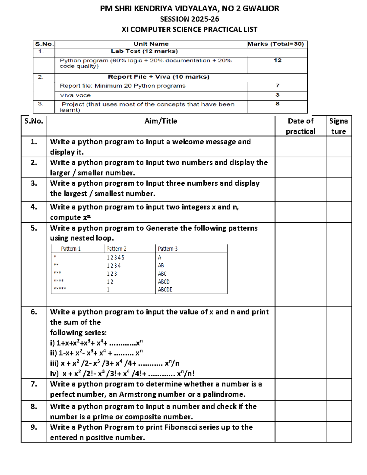 XI Computer Science Practical List 2025-26 - PM KVS Gwalior - Studocu