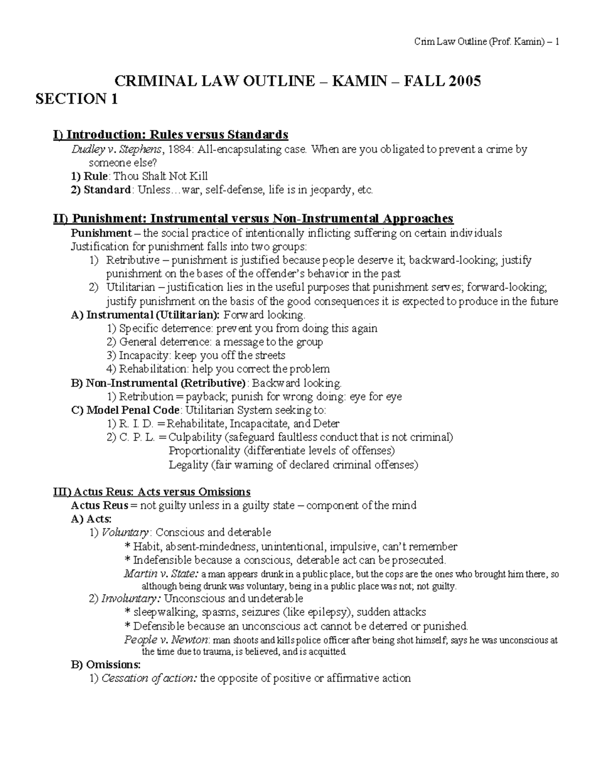 Crim Law - Kamin 4 - Comprehensive Criminal Law Outline Study Notes ...