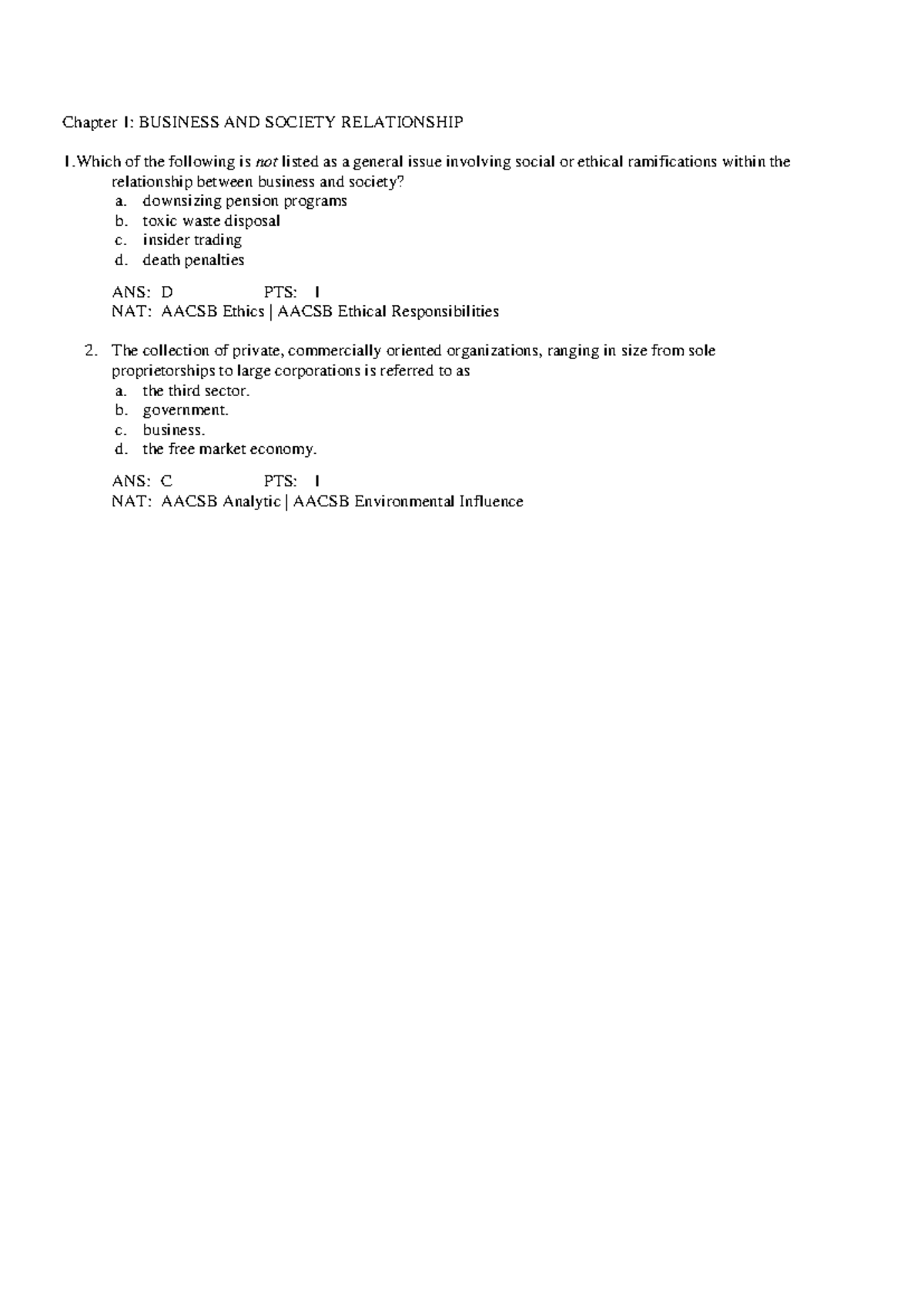 BUS 101 Chapter 1 MCQs & Answers: Business and Society Relationships ...