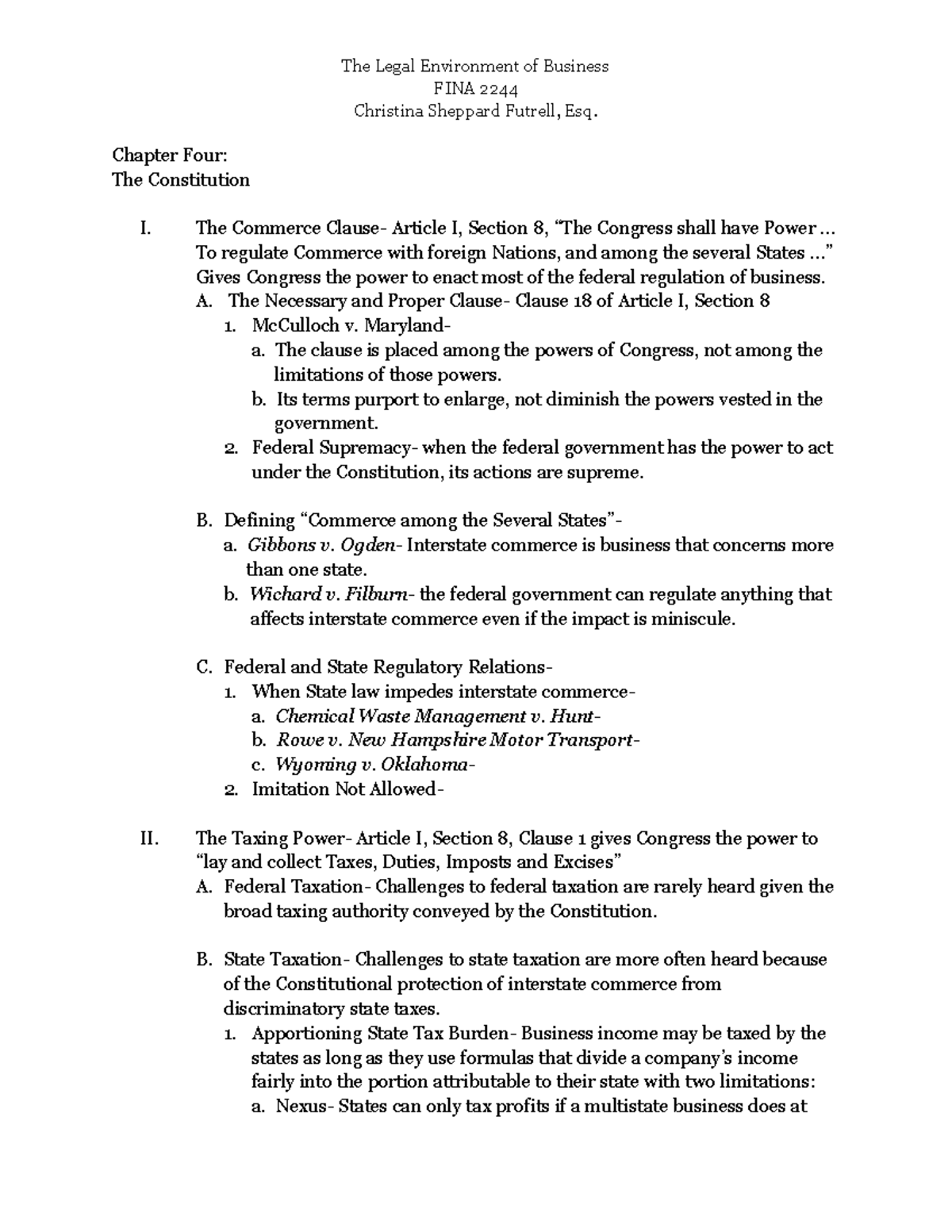 The Legal Environment of Business: Chapter 4 Outline - FINA 2244 - Studocu