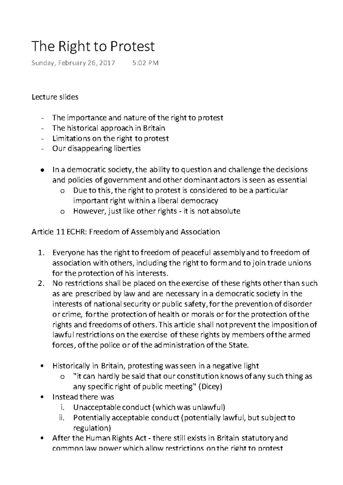 Public Law - Lecture 14 - The Right to Protest - Lecture slides The ...