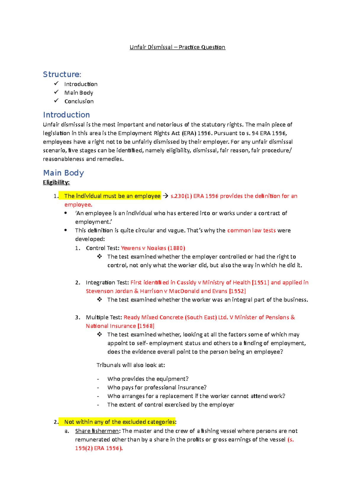Unfair Dismissal Exam Revision Notes for Employment Law (LAW202) - Studocu