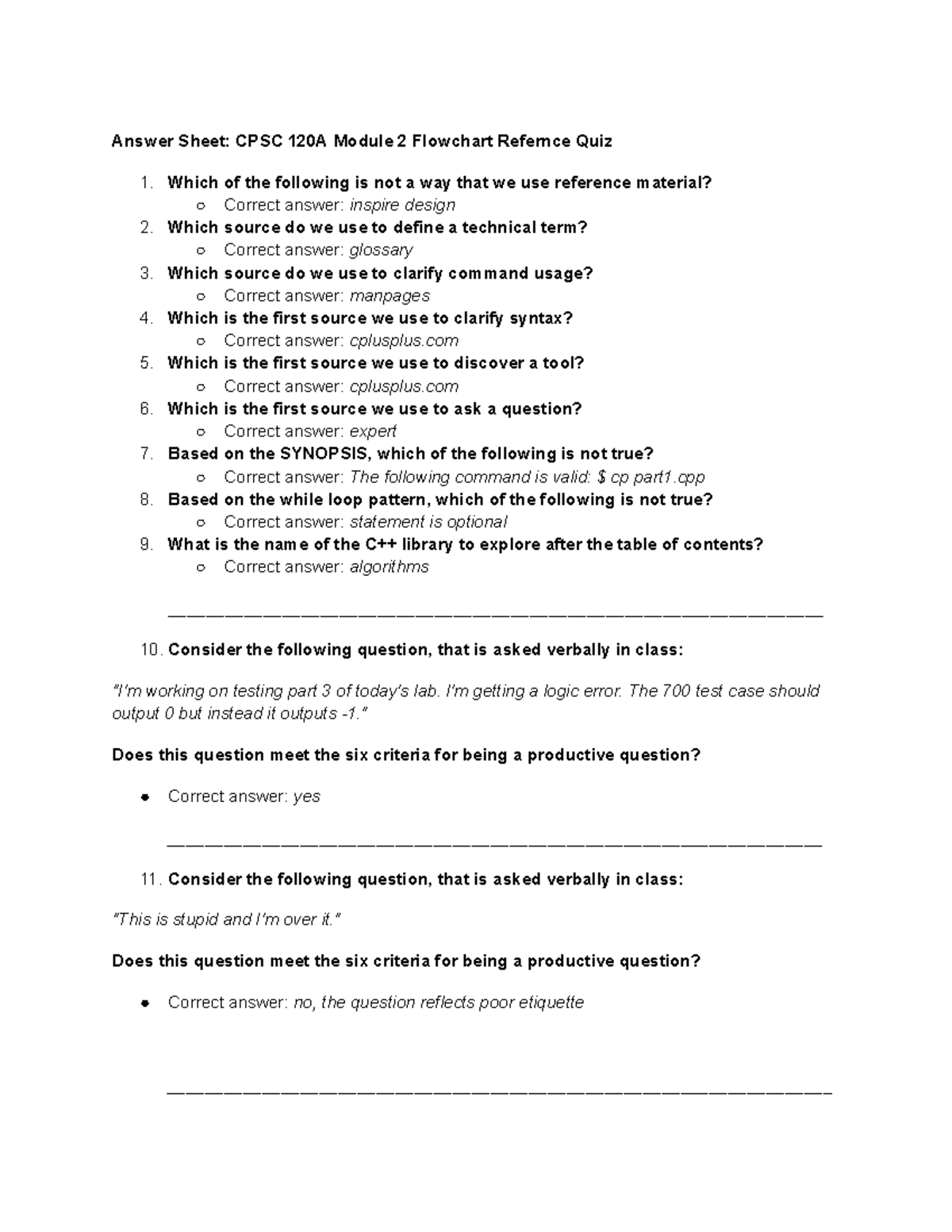 CPSC 120A Module 2 Flowchart Reference Quiz Answer Sheet - Studocu