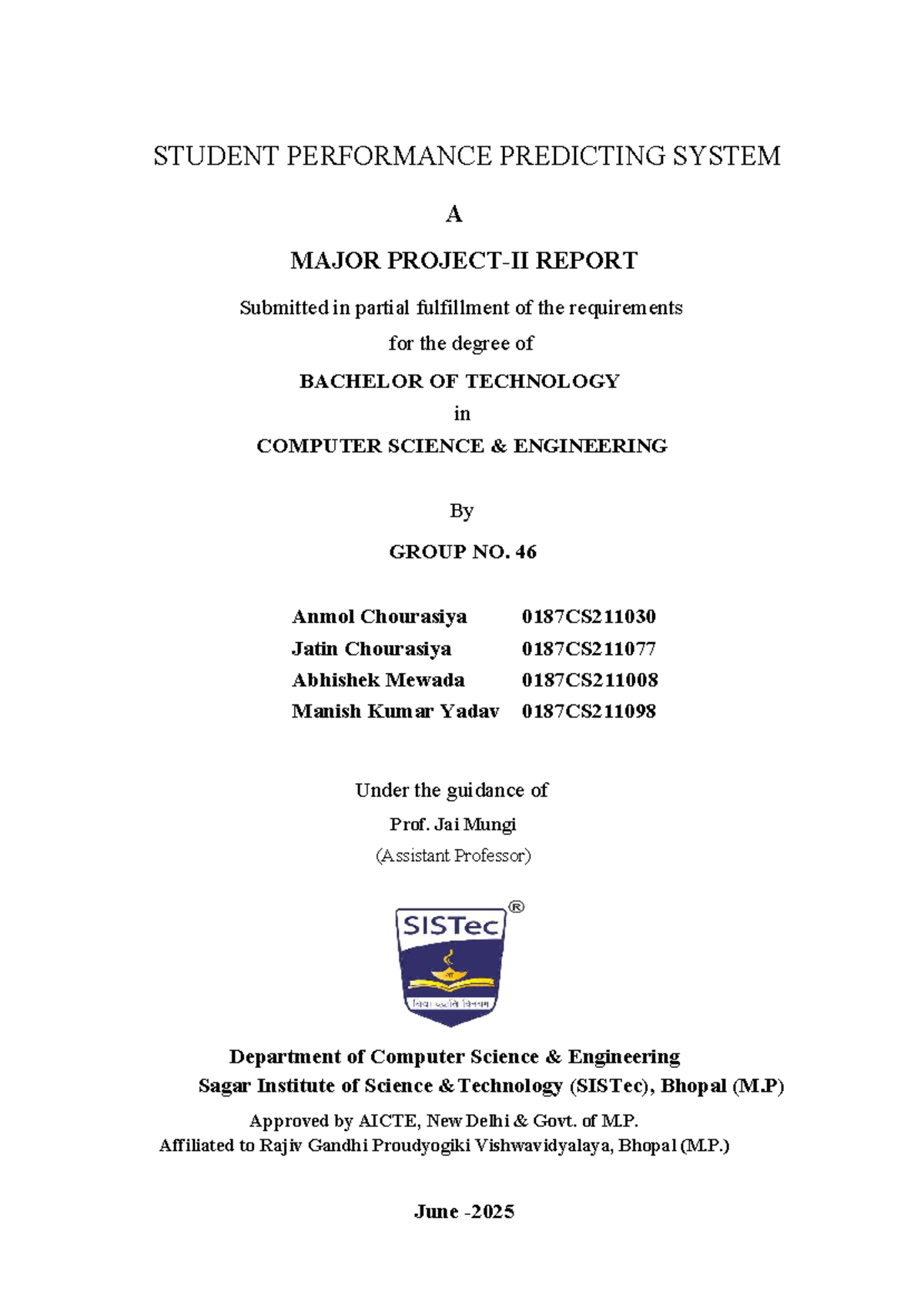 B.Tech Major Report: Student Performance Prediction System (CSE 0187 ...