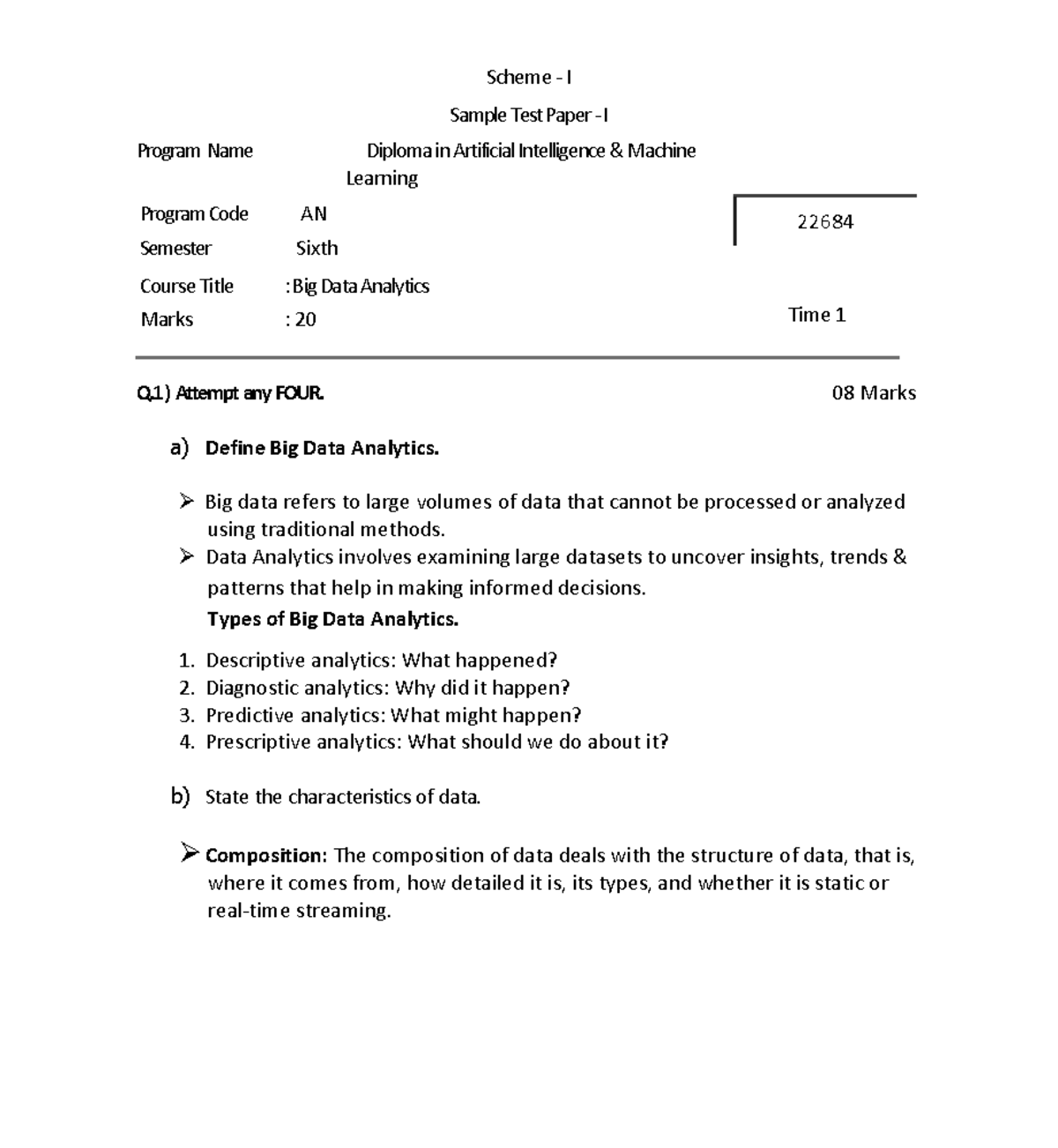 BDA AN Diploma Big Data Analytics Solved Sample Test Paper 1 - Studocu