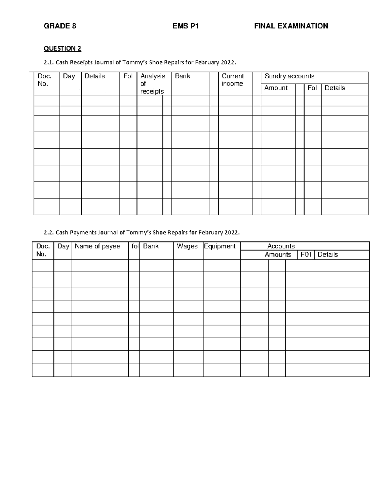 GRADE 8 EMS P1 FINAL EXAM ANSWER SHEET - Studocu