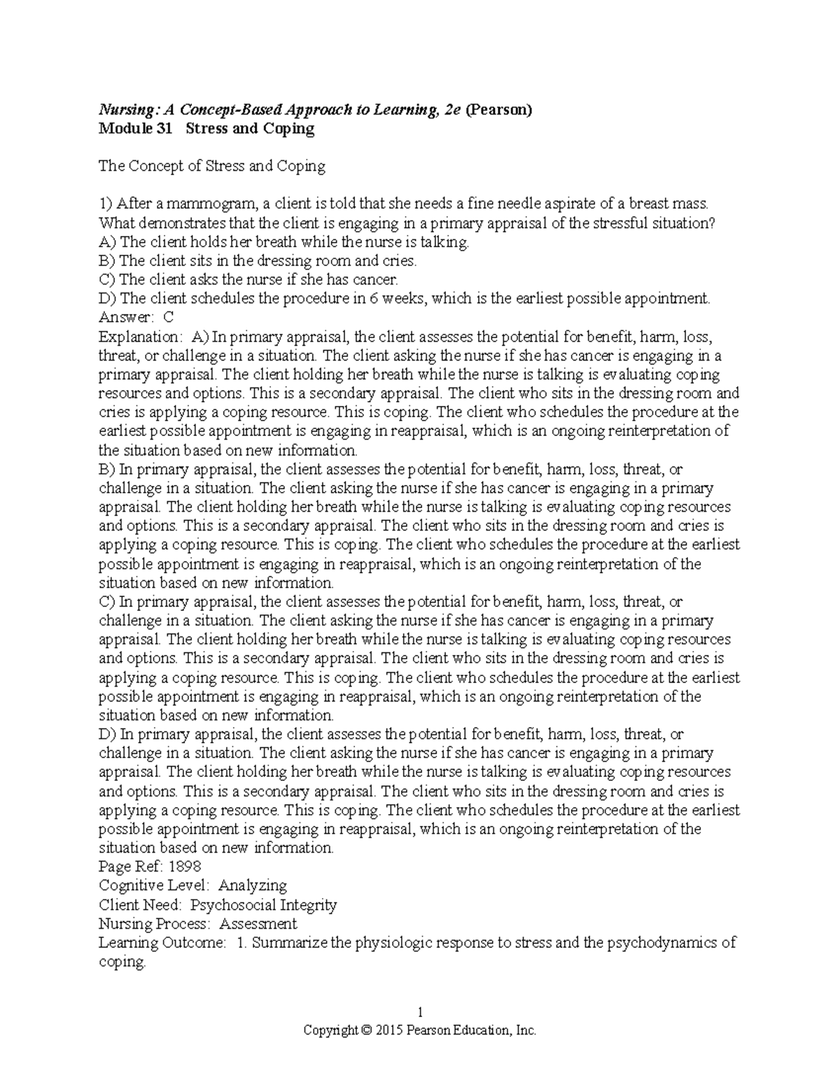 NUR 101: Stress and Coping - Module 31 Study Questions and Answers ...