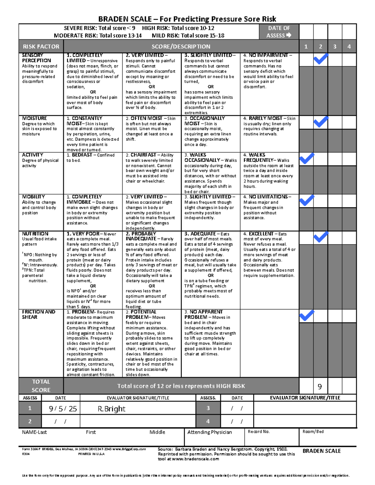 Braden Scale for Predicting Pressure Sore Risk Assessment - Studocu