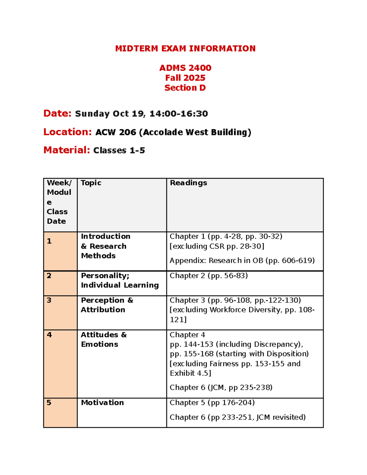MIDTERM EXAM DETAILS ADMS 2400 Fall 2025 Section D - Studocu