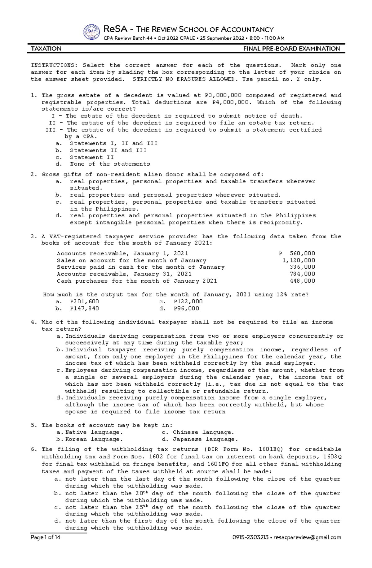 Re SA B44 TAX Final Pre-Board Exam - Comprehensive Questions and Answers - Document Preview