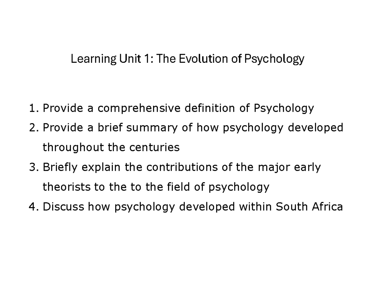 PSY101: Learning Unit 1 - The Evolution and Foundations of Psychology ...