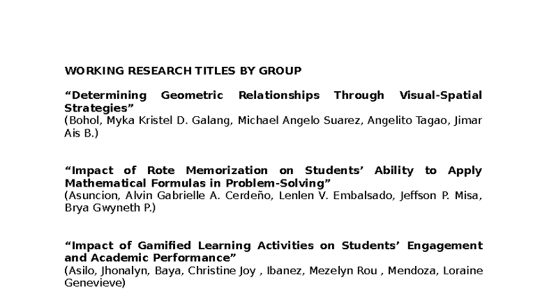 Working Research Titles BY Group - WORKING RESEARCH TITLES BY GROUP ...