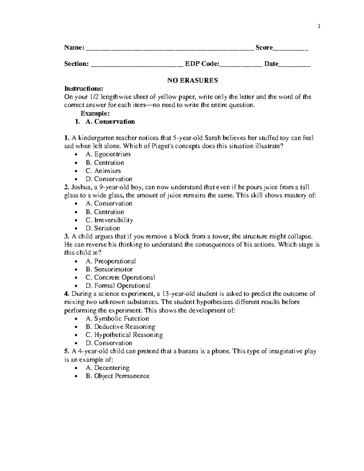 Piaget Quiz EDP Code: Cognitive Development Concepts - Studocu