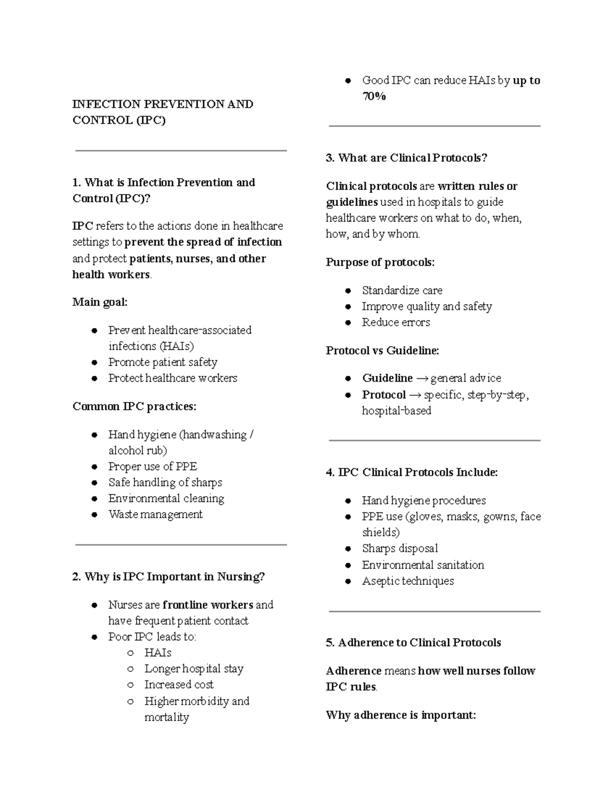 IPC Clinical Protocols and Their Impact on Infection Prevention - Studocu