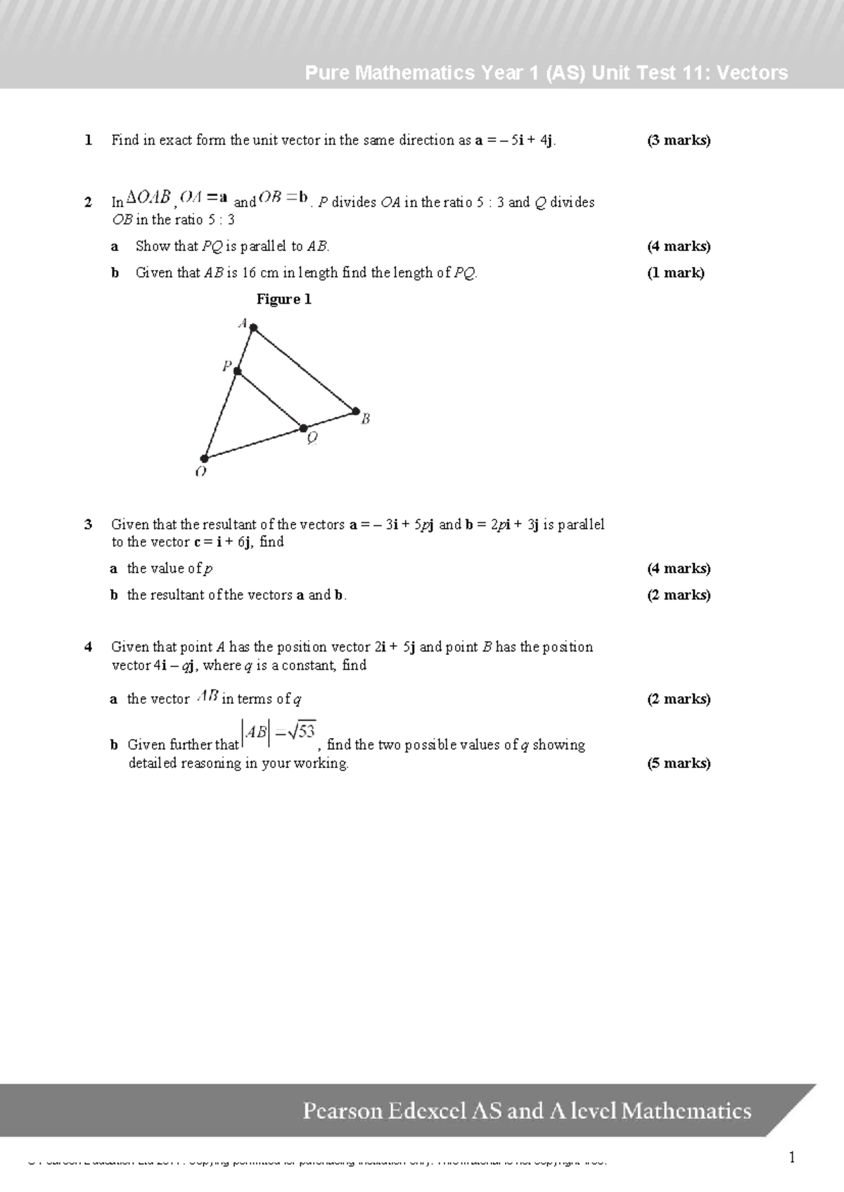 AS Maths Pure Unit 5 Shadow Test: Vectors and Unit Vectors - Studocu