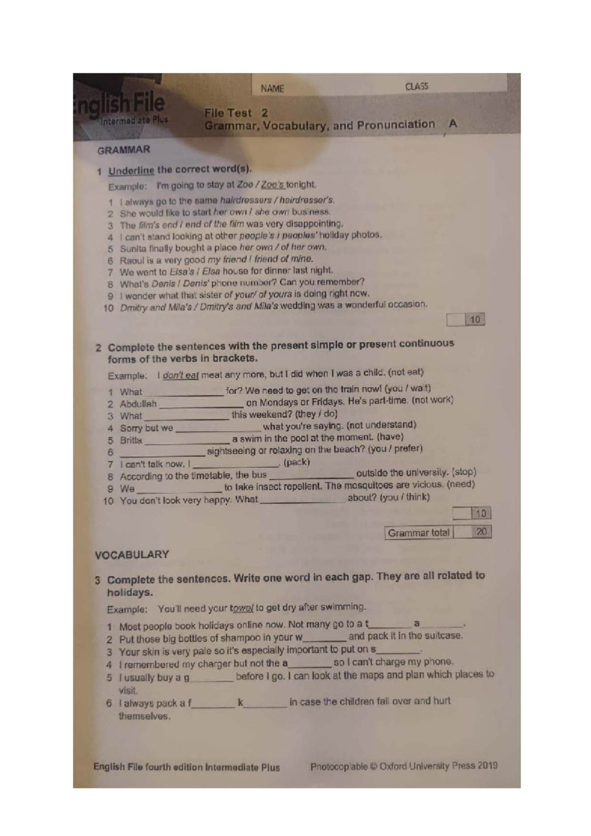 English File Intermediate Plus File Test 2: Grammar, Vocabulary ...