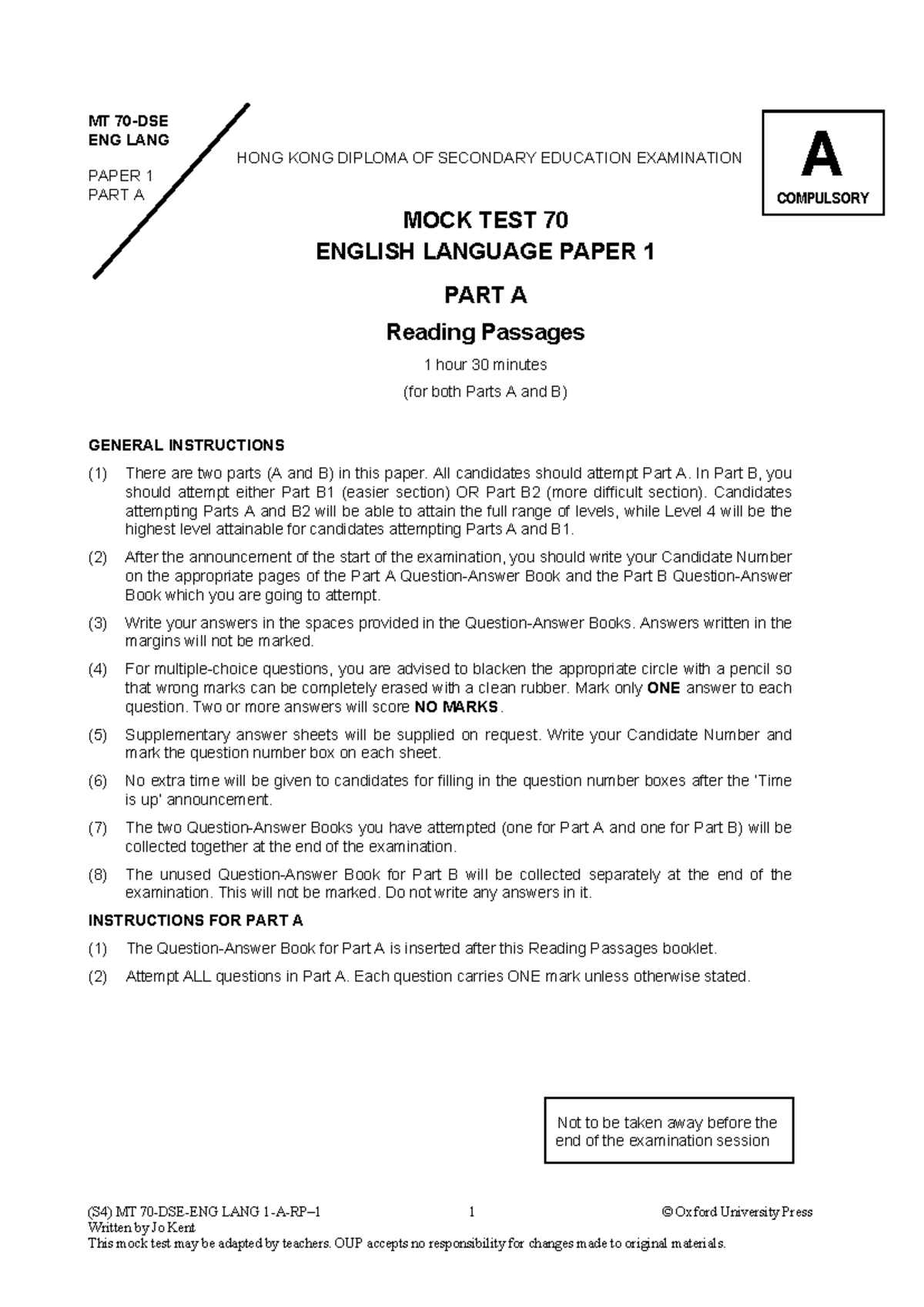 MT ENG LANG PAPER 1 PART A MOCK TEST 70 READING PASSAGES ANALYSIS - Studocu