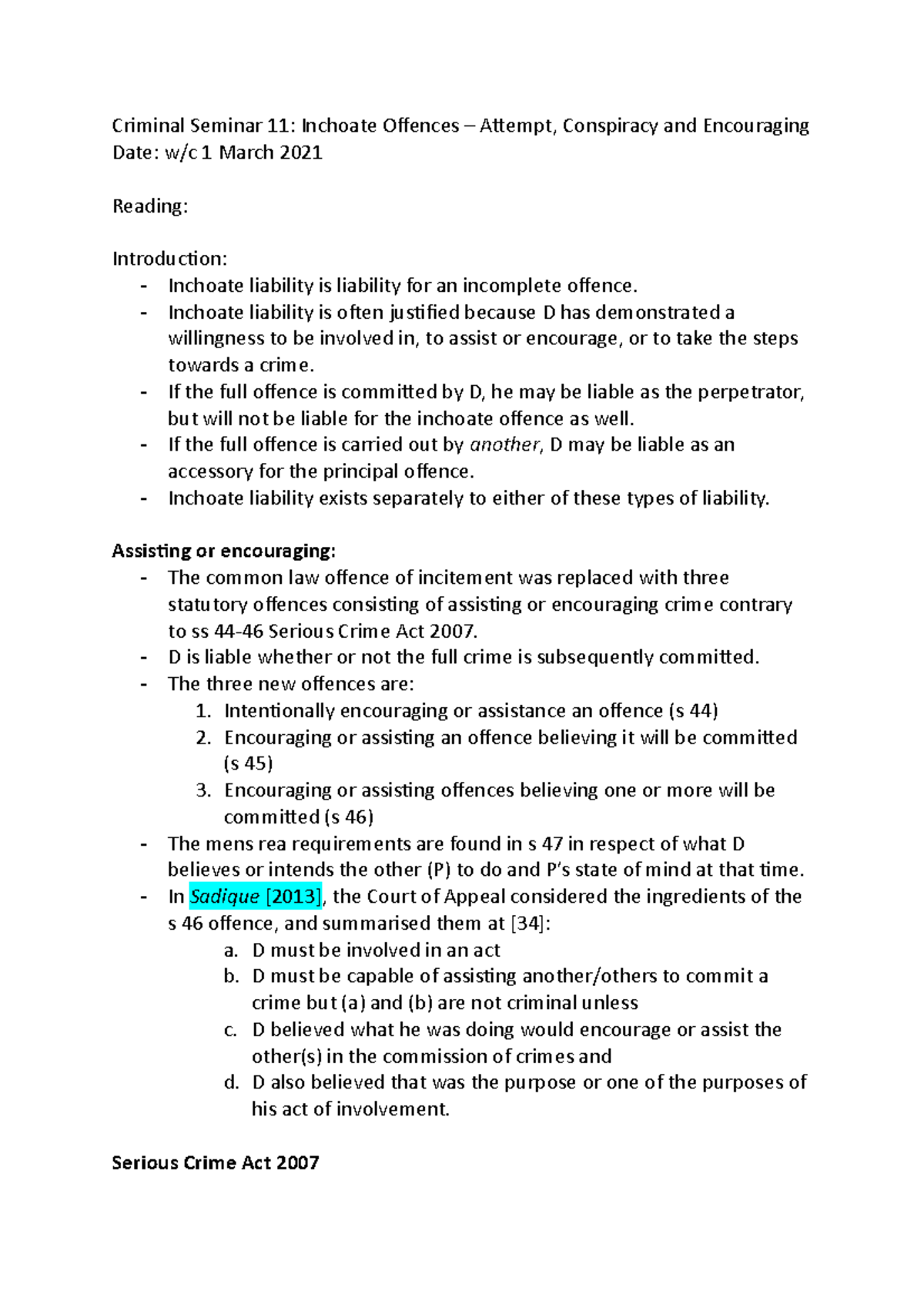 Criminal Seminar 11: Inchoate Offences – Attempt & Conspiracy Overview ...