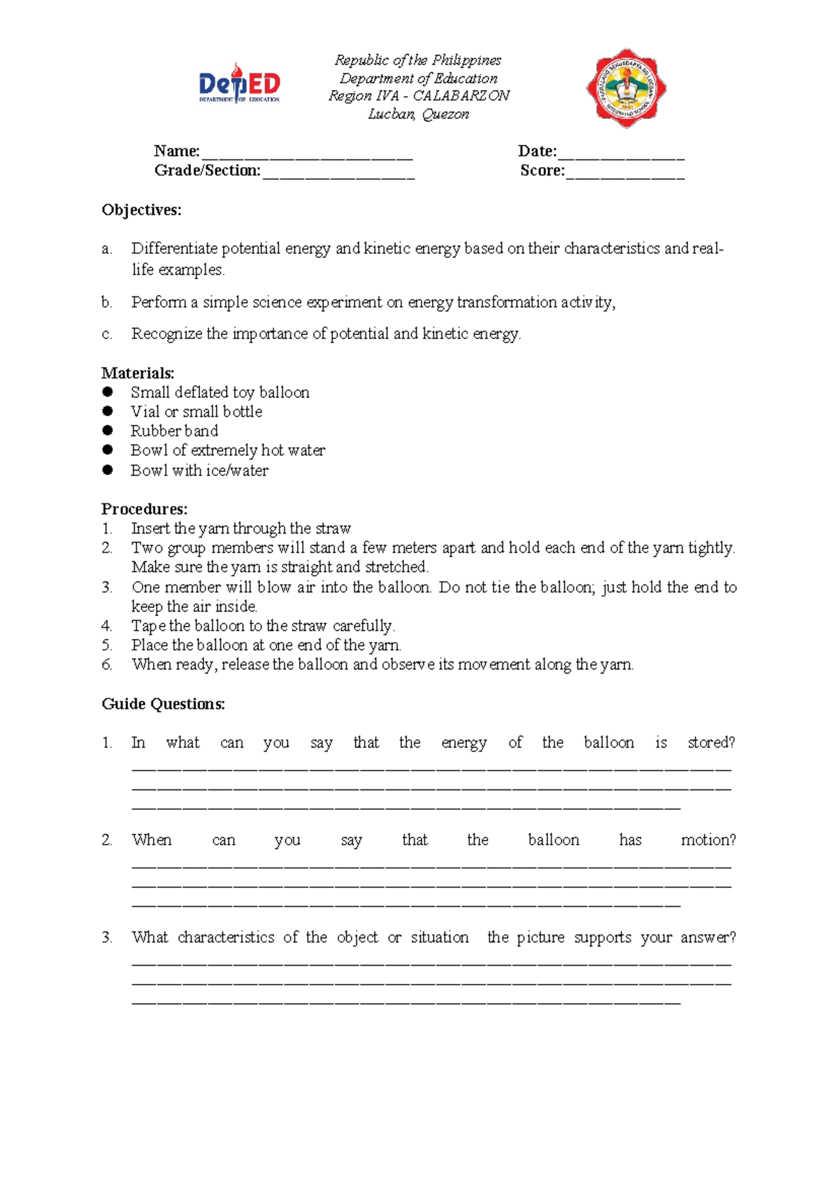 Lab Activity on Energy Transformation: Potential vs. Kinetic Energy ...