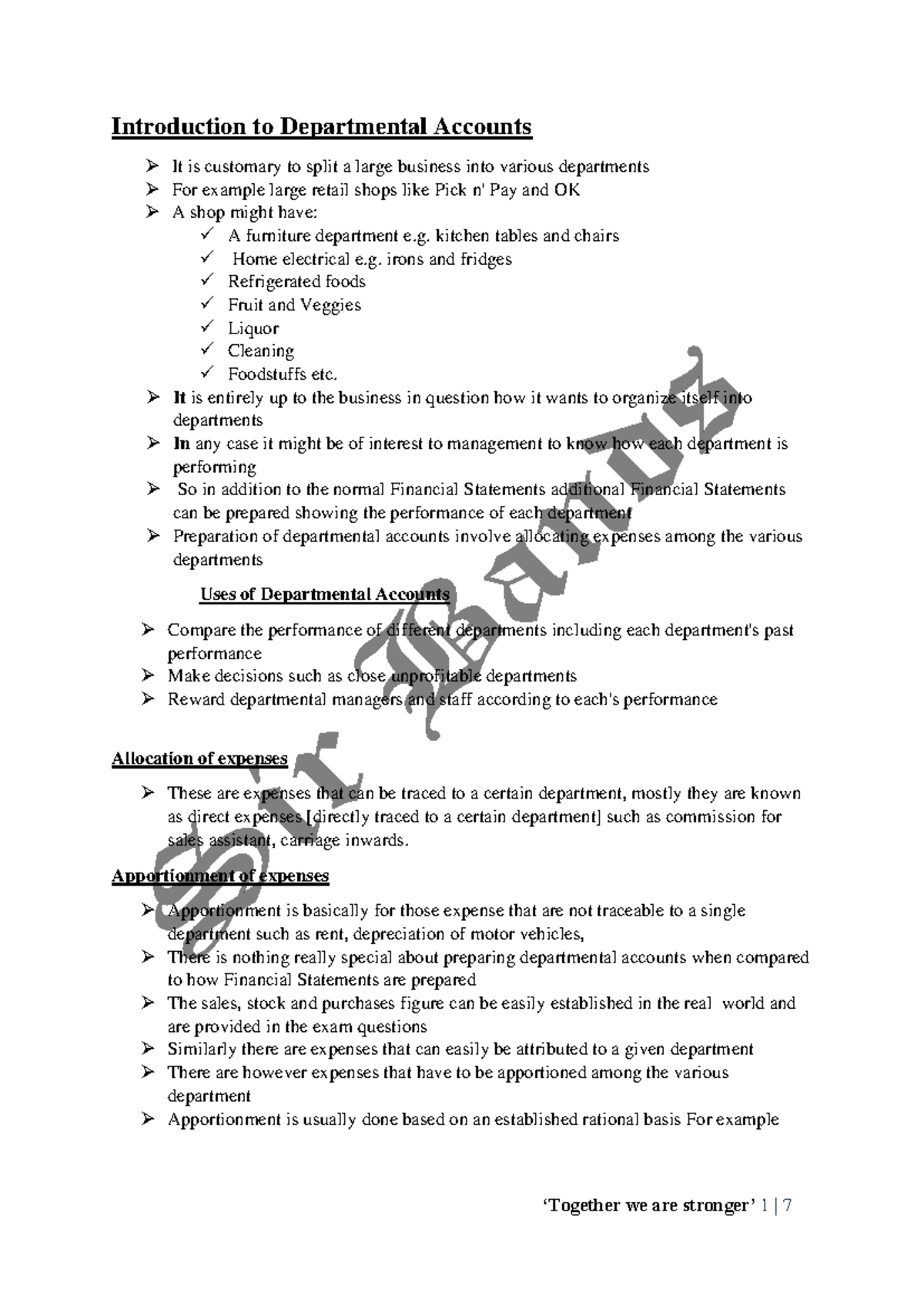 O' Level Acc. Dept. Accounts Notes: Overview & Examples - Studocu