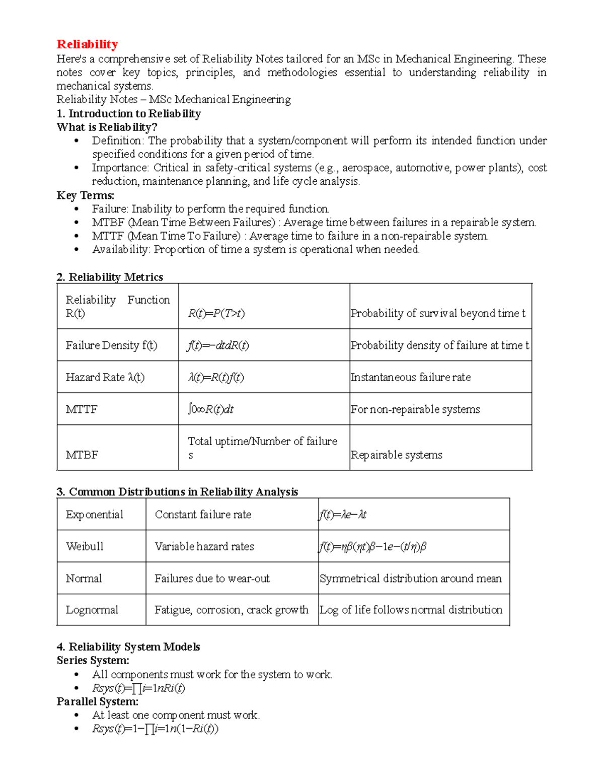 Reliability and Maintenance Management Notes for MSc in Mechanical Eng ...