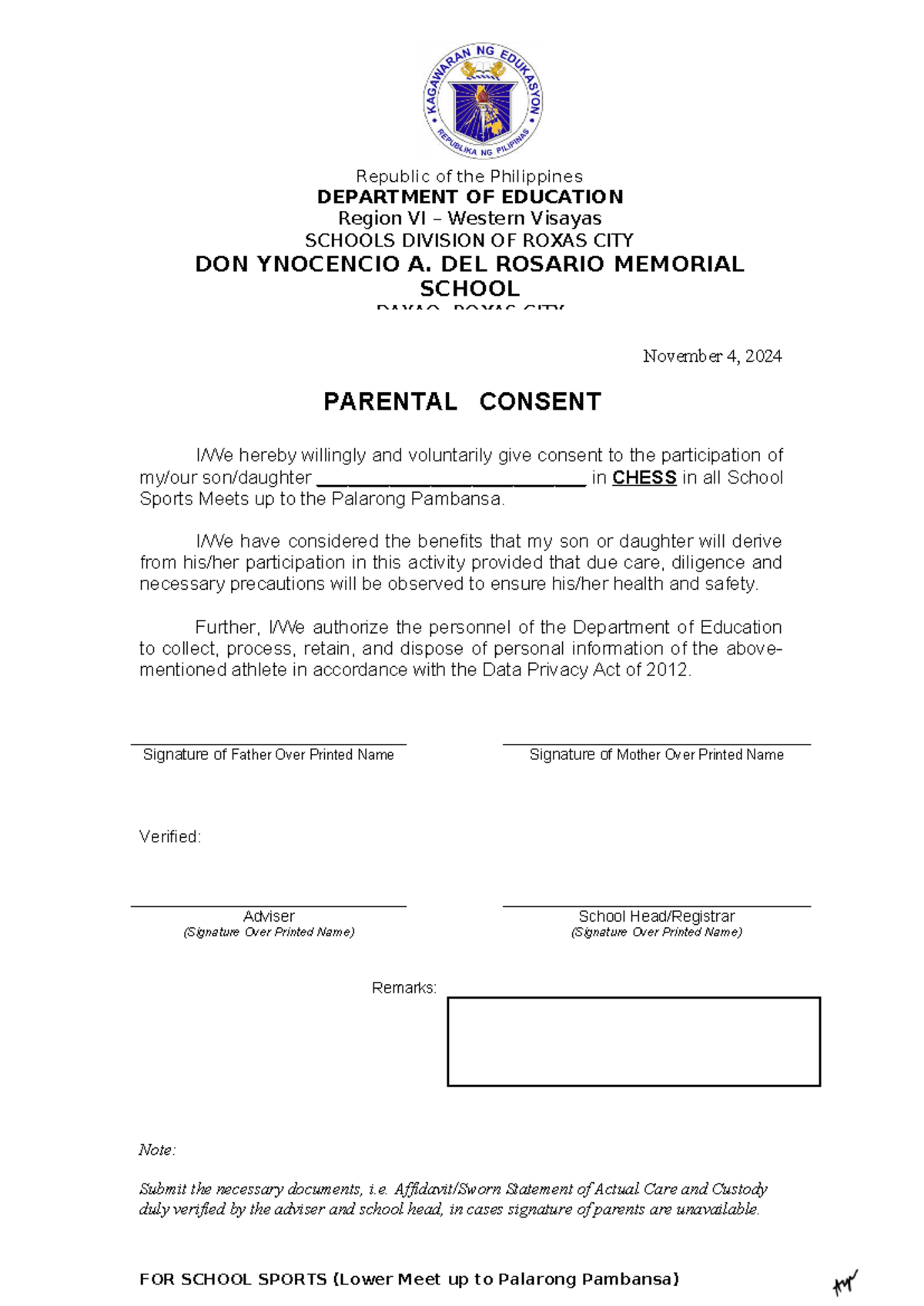Parental Consent for CHESS Participation in School Sports Activities ...