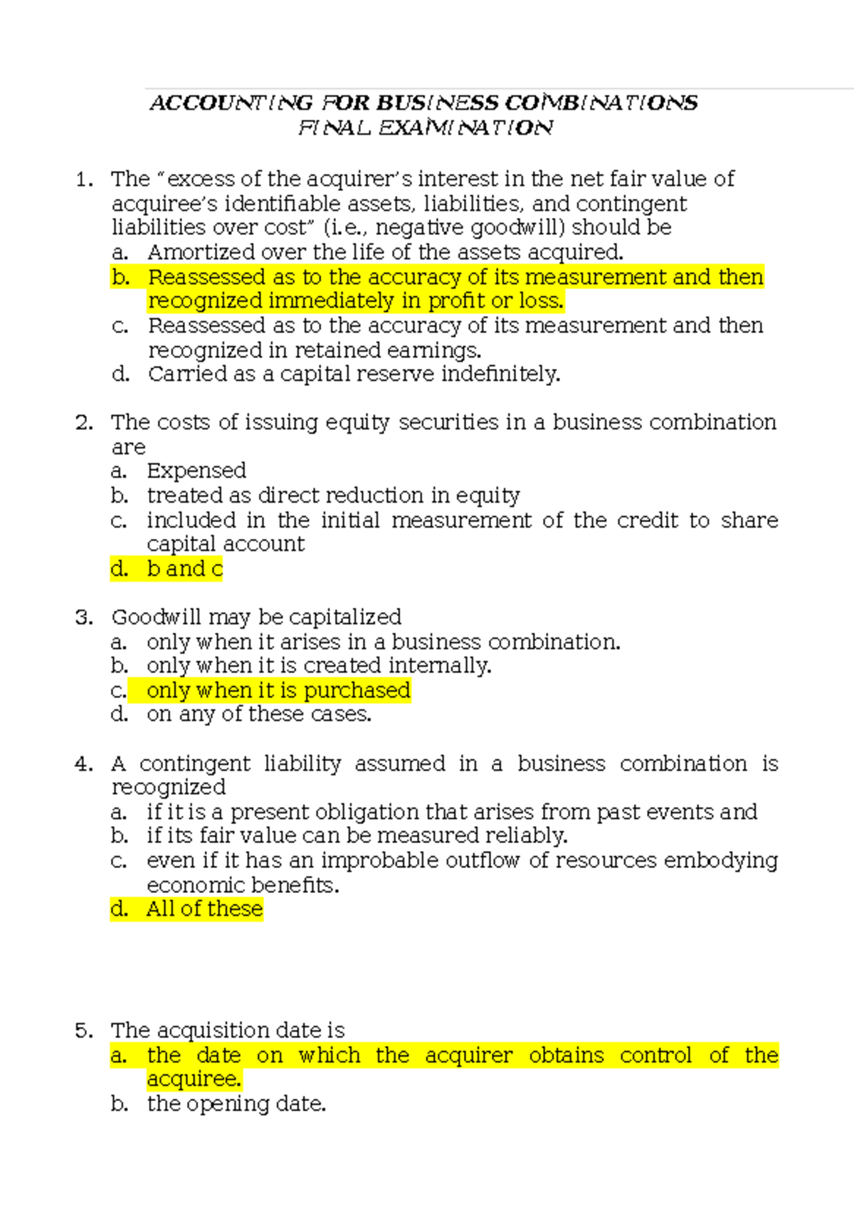 ACCOUNTING FOR BUSINESS COMBINATIONS FINAL EXAMINATION (FINALS) - Studocu