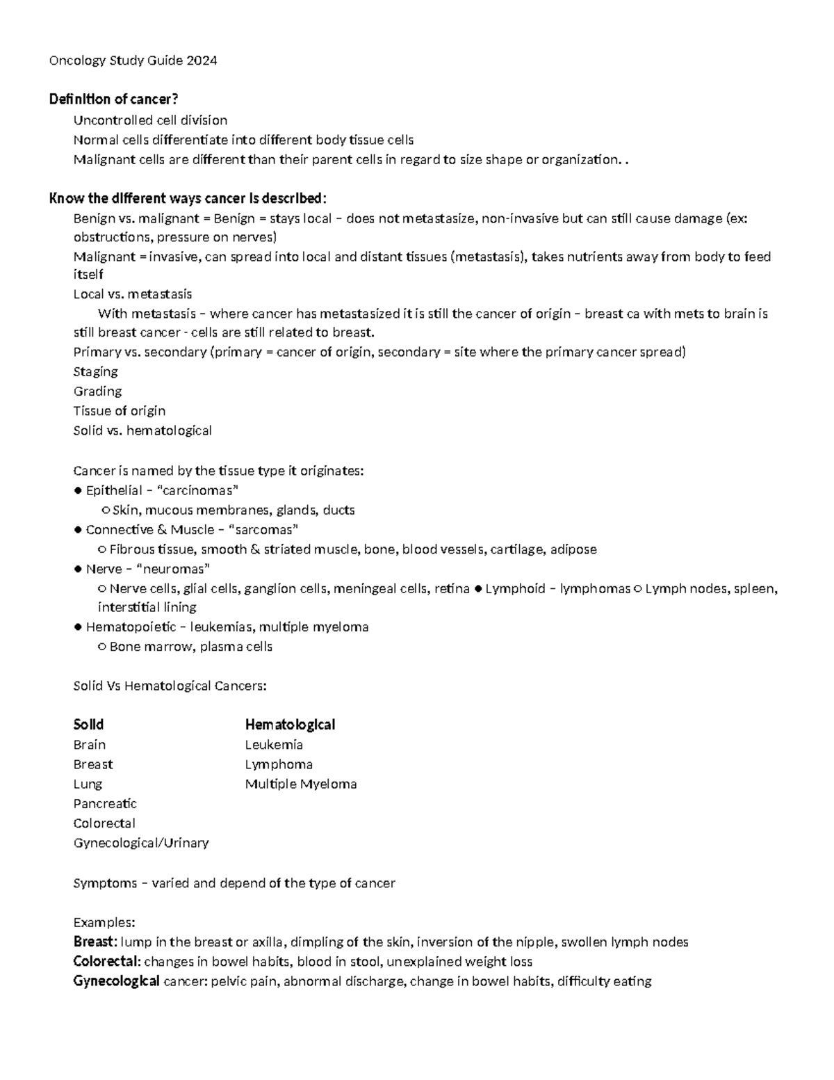 Oncology Study Guide 2024: Cancer Types, Treatments & Effects - Studocu
