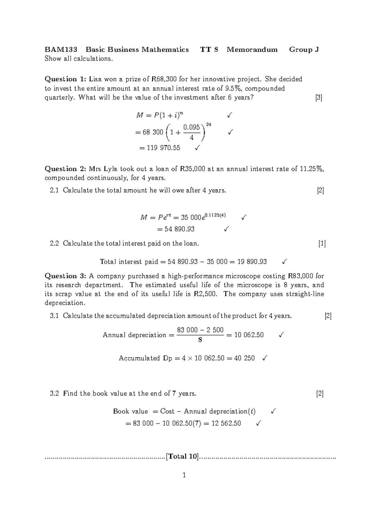 Tut test 8 (J) Memo - A Business Mathematics tutorial - BAM133 Basic ...