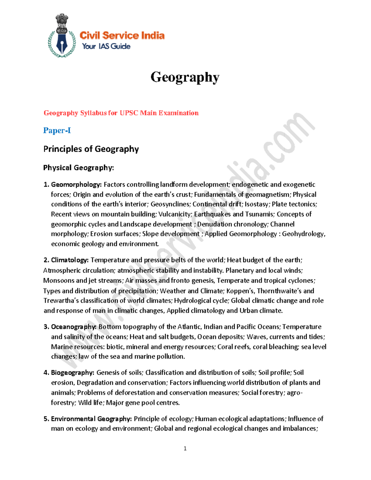 Geography Syllabus for UPSC Mains - Paper I Overview - Studocu