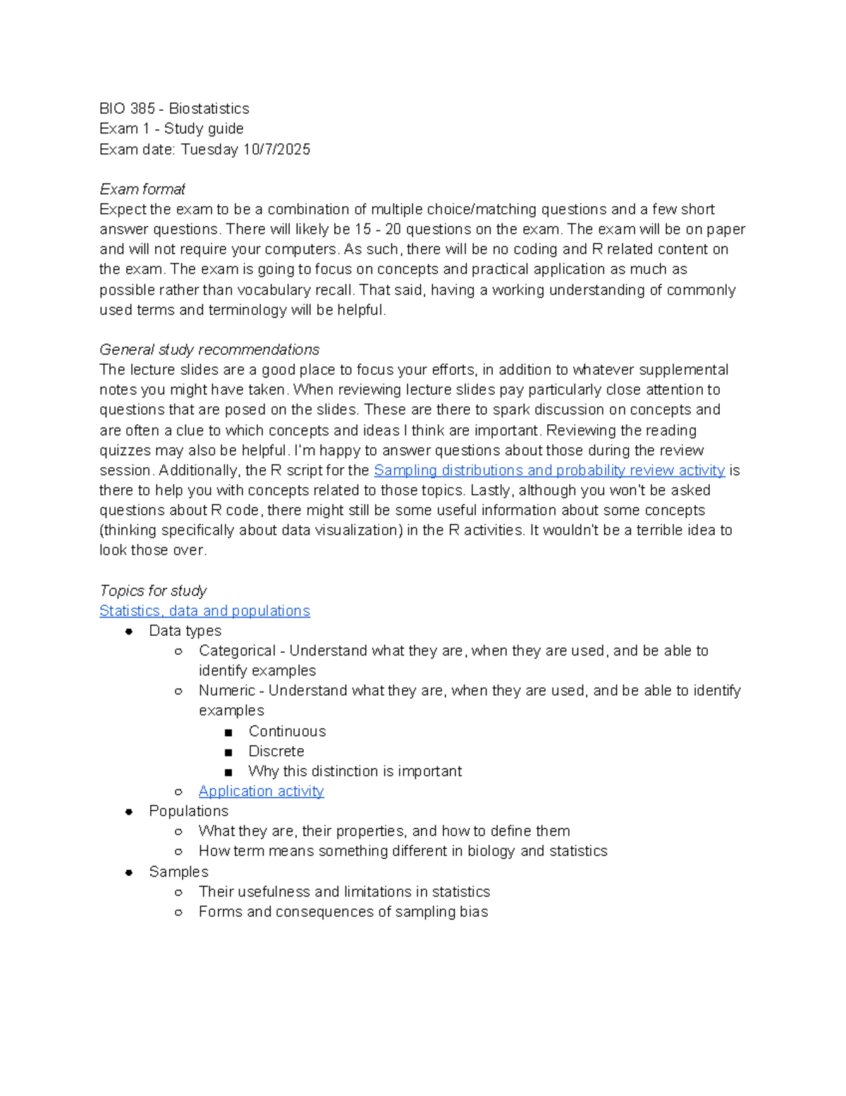 BIO 385 Biostatistics Exam 1 Study Guide & Key Concepts - Studocu