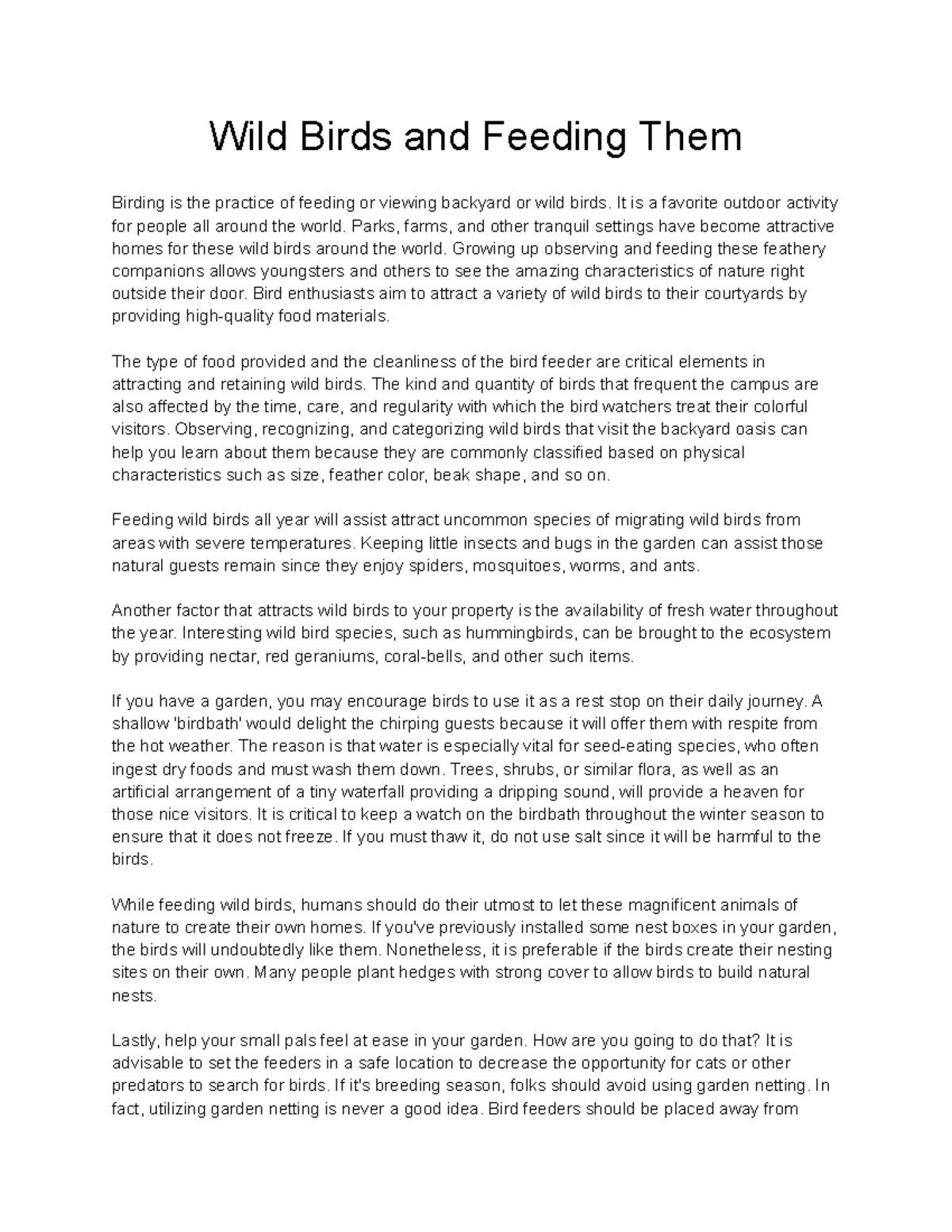 Feeding Wild Birds: Insights and Tips for Bird Enthusiasts - Studocu