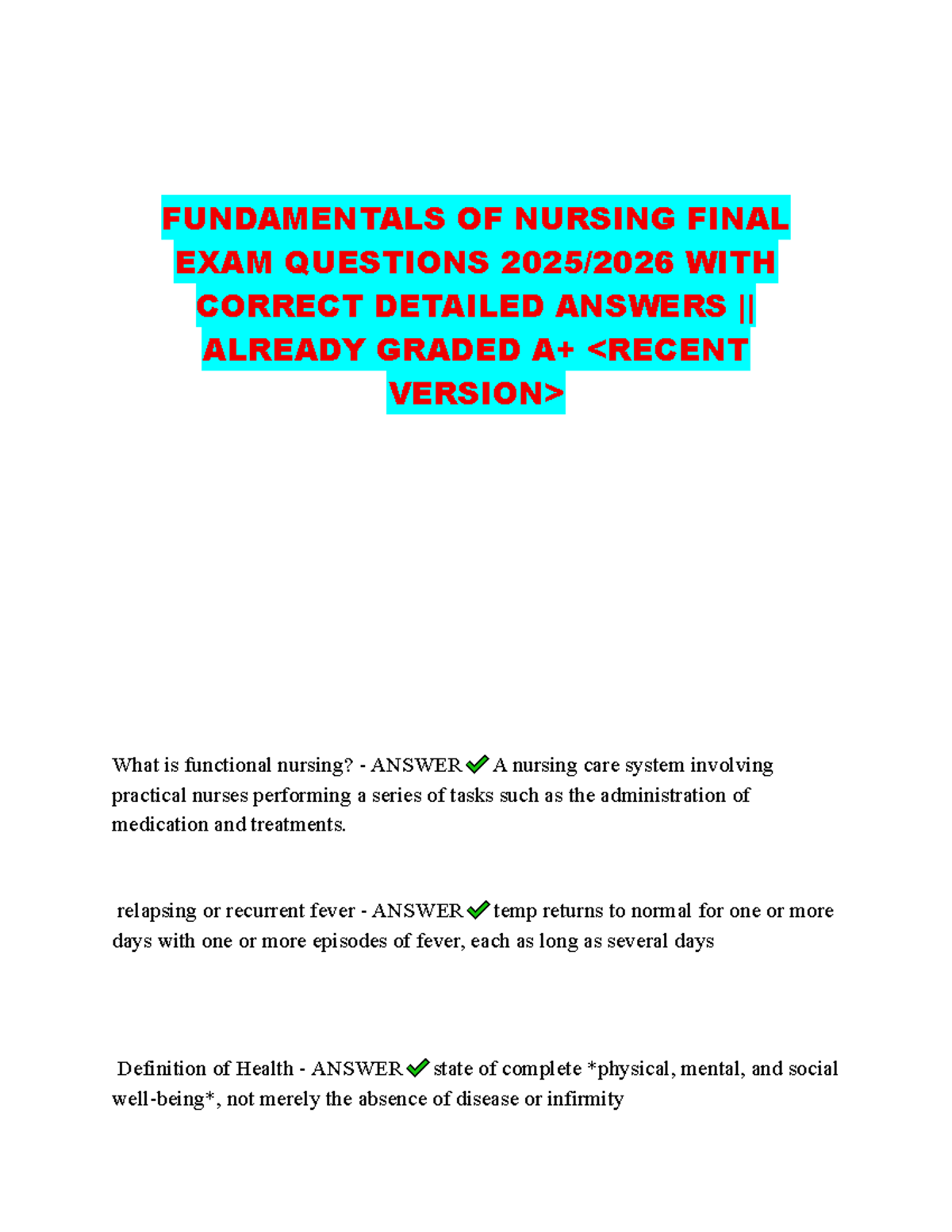 Fundamentals of Nursing NUR 101 Final Exam Q&A 2025 - Studocu