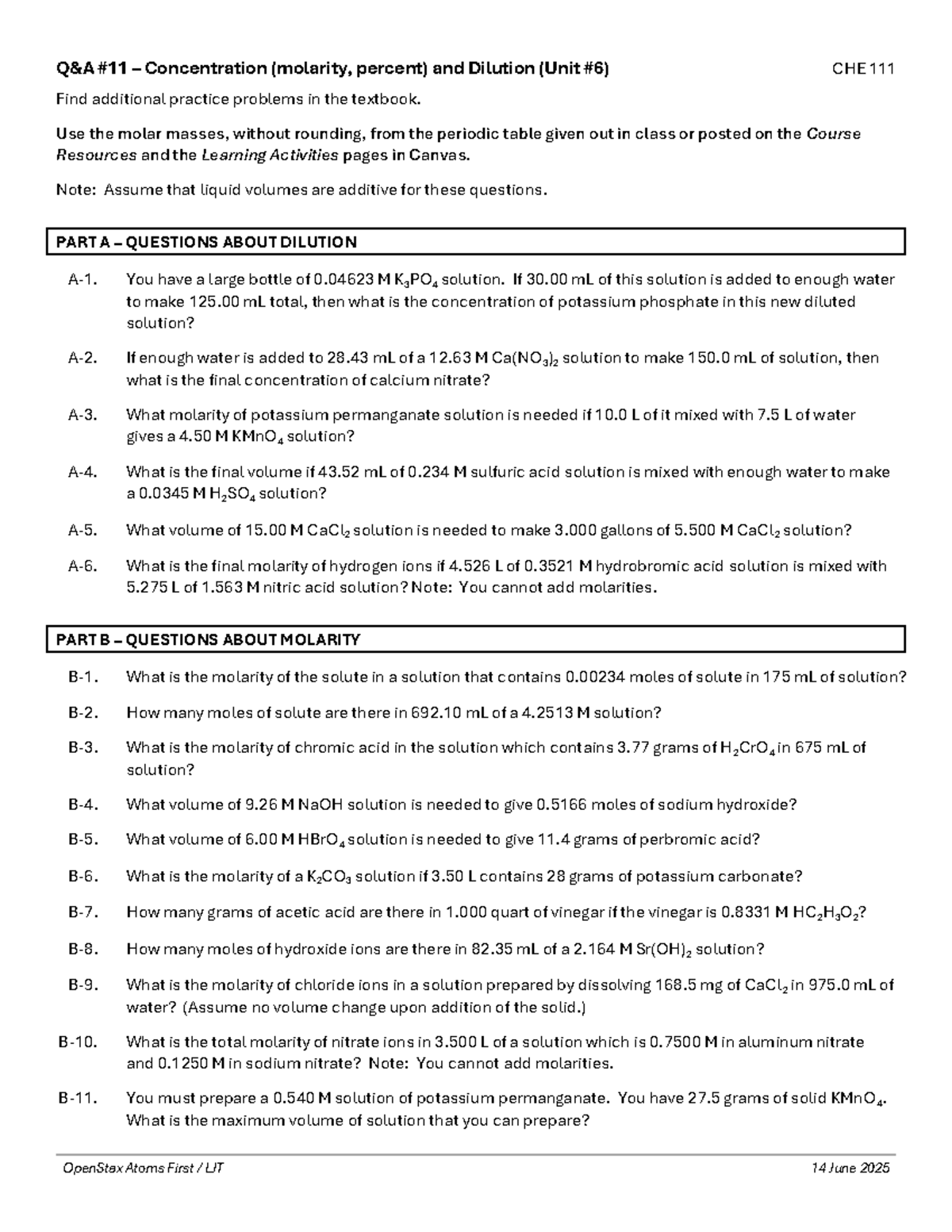 CHE 111 Q&A #11 – Molarity and Dilution Problems - Studocu