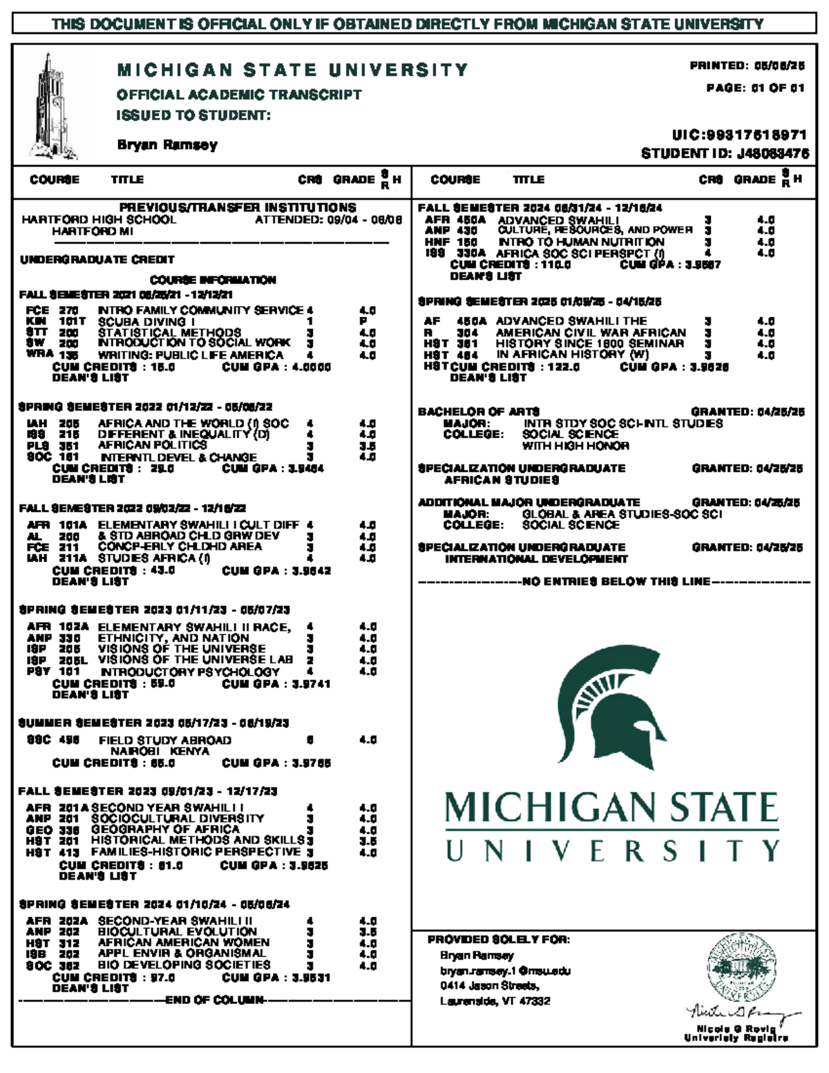 MSU Official Academic Transcript for Bryan Ramsey (J48083476) - Studocu