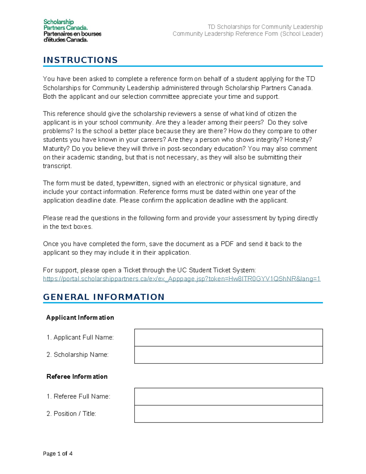 TD Scholarships for Community Leadership: Reference Form (School Leader ...